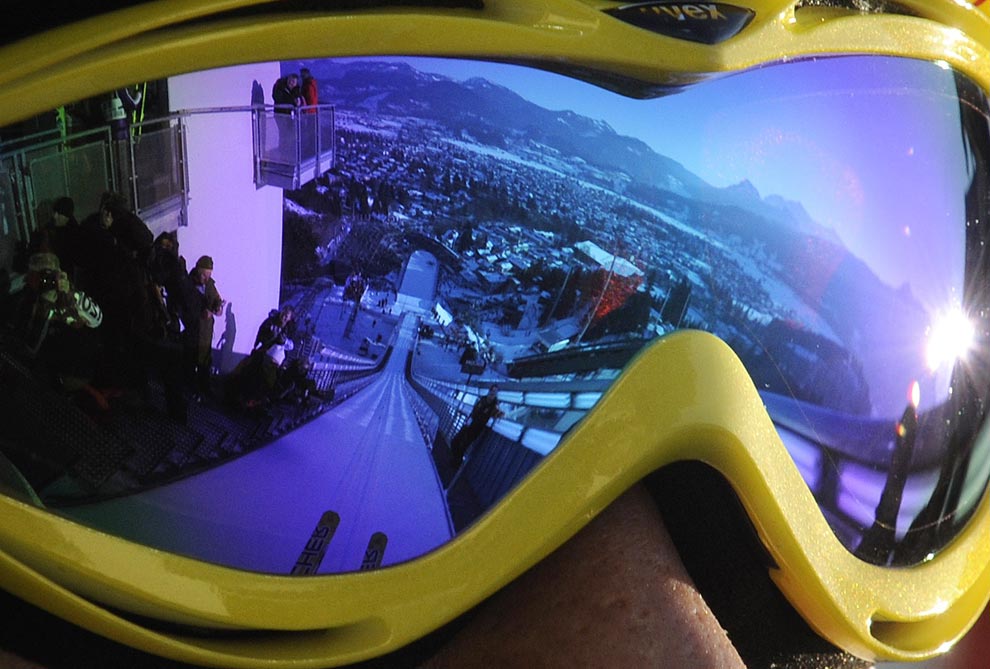 Stunning photograph of ski jump via goggles