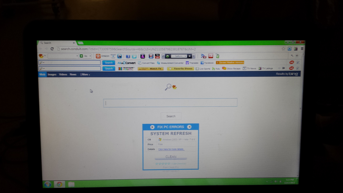 Give my parents my laptop for the night and this is what I get. Three new toolbars, homepage is Conduit, pop ups and my new search engine is Bing.